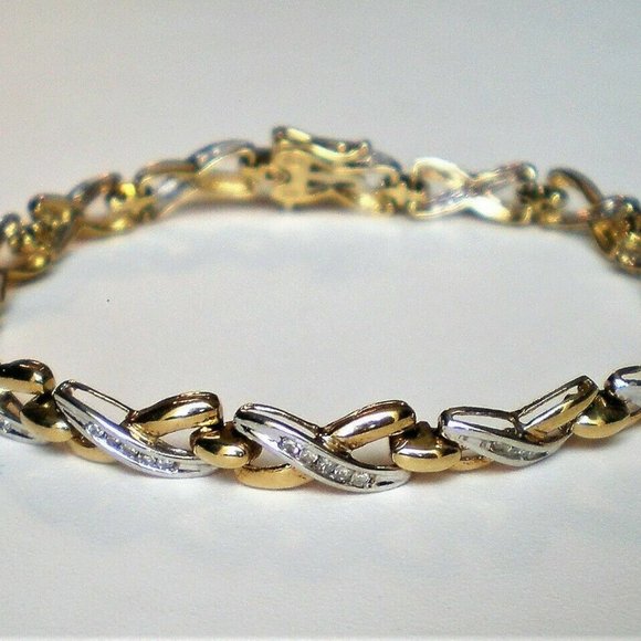 Designer 10K Yellow White Gold Genuine Diamond Huggs Kisses Tennis Bracelet P